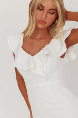 Vestido Rossi de hombros descubiertos con doble volante blanco