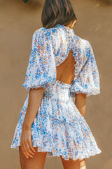 Vestido Floral Branco com Babados e Recorte nas Costas Laney