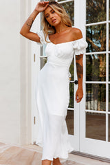 Vestido midi Linka con hombros descubiertos y lazo en la espalda blanco