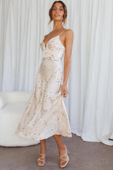 Vestido Midi com Alças Finas e Busto Ajustado Estampa Orquídea Bege Lake Como
