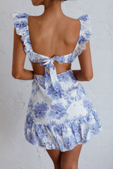 Vestido Porcia fruncido con volantes floral azul