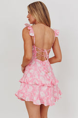Vestido Rosa con Flores, Volantes y Espalda con Cordones Moonlit Moment