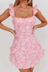 Vestido Rosa con Flores, Volantes y Espalda con Cordones Moonlit Moment