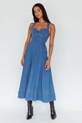 Vestido Jeans Longo Ellora com Decote Cruzado nas Costas Azul-Marinho