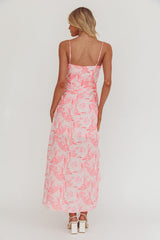 Vestido largo Serif con volantes y abertura, rosa