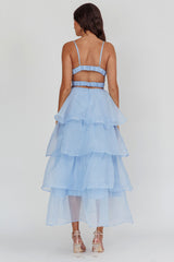 Vestido midi azul con volantes escalonados Hecho para ti