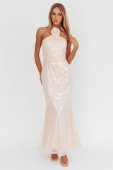 Vestido Halter de Lantejoulas Rosa com Decoração Floral High Roller