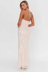 Vestido Halter de Lantejoulas Rosa com Decoração Floral High Roller