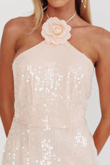 Vestido Halter de Lantejoulas Rosa com Decoração Floral High Roller