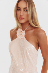 Vestido Halter de Lantejoulas Rosa com Decoração Floral High Roller