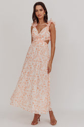 Vestido Maxi Madara com Laço nas Costas Estampa Floral Laranja