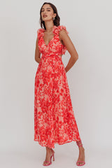 Vestido largo de Madara con espalda de cordones y estampado floral en rojo