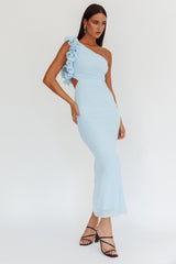 Vestido Maxi Deanna Asimétrico con Volantes Azul Claro