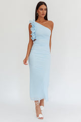 Vestido Maxi Deanna Asimétrico con Volantes Azul Claro