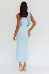 Vestido Maxi Deanna Asimétrico con Volantes Azul Claro