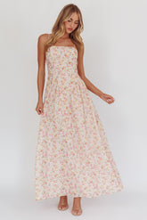 Vestido longo com cintura basca Daisy Day Floral Rosa