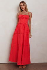 Vestido Maxi Evasê com Busto Franzido Heavenly Glow Vermelho