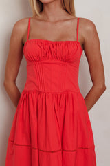 Vestido Maxi Evasê com Busto Franzido Heavenly Glow Vermelho