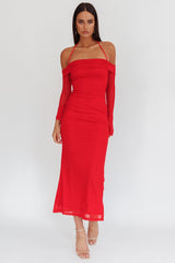 Vestido Longo Ombro a Ombro com Amarração no Pescoço Numbers Game Vermelho