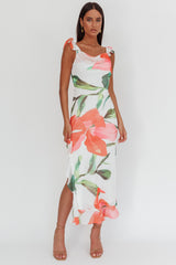 Vestido longo Loula com alça de babado e estampa floral vermelha