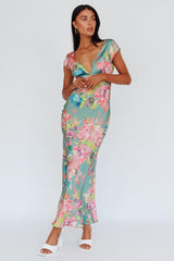 Vestido midi Lucinda sin mangas con espalda cruzada estampado floral oliva