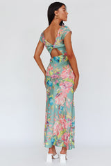 Vestido midi Lucinda sin mangas con espalda cruzada estampado floral oliva