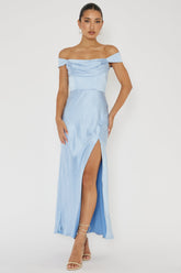 Vestido Lucinda con escote Bardot y espalda en V azul