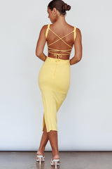 Vestido Midi Dream Crush com Fenda Lateral e Amarração nas Costas Amarelo Limão