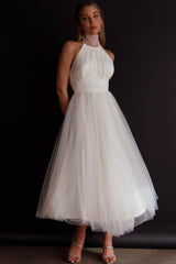 Vestido midi de tul con cuello halter Andria color marfil
