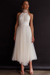 Vestido midi de tul con cuello halter Andria color marfil
