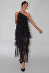 Vestido Maxi de Tule com Babados em Camadas Arrabel Preto