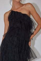 Vestido Maxi de Tule com Babados em Camadas Arrabel Preto
