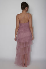 Vestido longo de tule com babados em camadas Arrabel - Ameixa