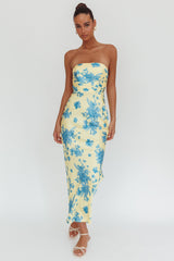 Vestido largo sin tirantes City Of Stars floral amarillo