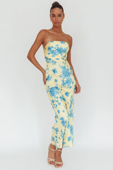 Vestido largo sin tirantes City Of Stars floral amarillo