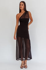 Vestido maxi de malla con un hombro Passion, negro