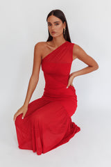 Vestido maxi de malla de un hombro Passion, rojo