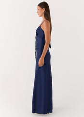 Vestido maxi de satén Flora - Azul marino