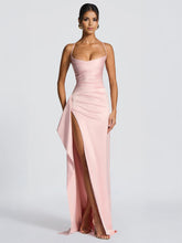 A-Line/Princess Wedding Guest Dresses Spaghetti Straps Sleeveless Floor-Length Side Split Satin Long Prom Dresses With Ruffles&Back Criss Cross Straps