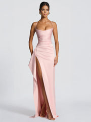 A-Line/Princess Wedding Guest Dresses Spaghetti Straps Sleeveless Floor-Length Side Split Satin Long Prom Dresses With Ruffles&Back Criss Cross Straps