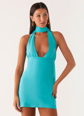 Minivestido con cuello tipo bufanda Melisande - Azul aguamarina