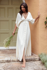 Vestido Longo Botões Paradise Found com Decote V Natural