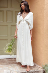 Vestido Longo Botões Paradise Found com Decote V Natural