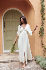 Vestido Longo Botões Paradise Found com Decote V Natural