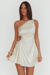 Vestido pliegues un hombro Glow Ray color champán