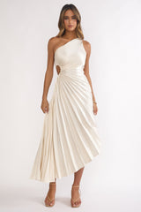 Vestido Brooklynn Um Ombro Só com Plissado Acordeão Champagne