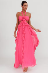 Vestido largo con volantes recortados Santiago Fucsia