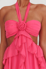 Vestido largo con volantes recortados Santiago Fucsia