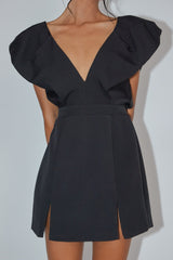 Minivestido Negro con Mangas Abullonadas y Escote en V Liardon