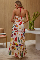 Vestido largo Asiah Gathered Bust Halterneck con estampado blanco